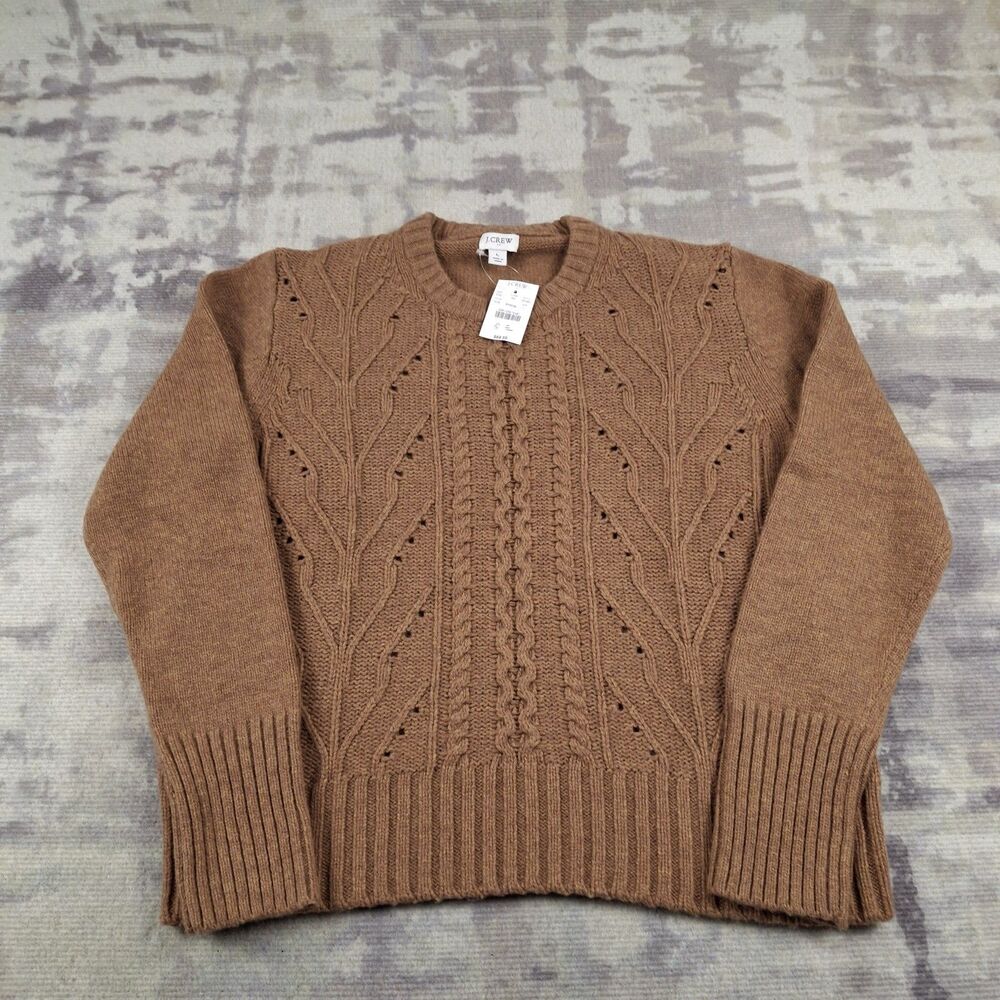 J.Crew Pointelle Cable Knit Sweater Womens Large L Brown Lambswool Pullover NWT